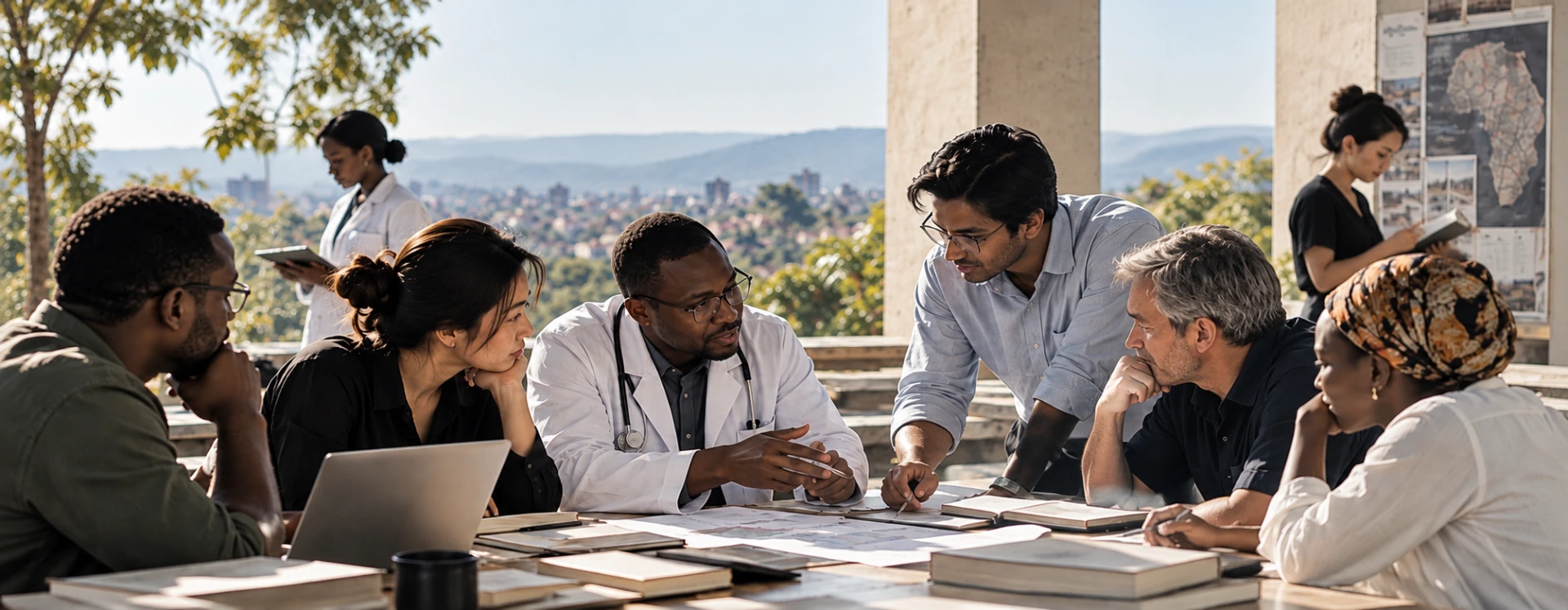 Healthcare professionals and researchers discussing documents around a shared table