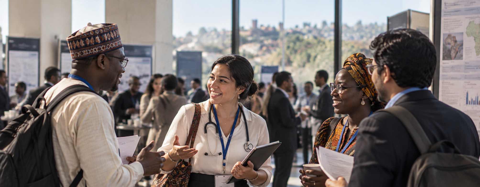 Professionals from different countries in conversation at an international gathering